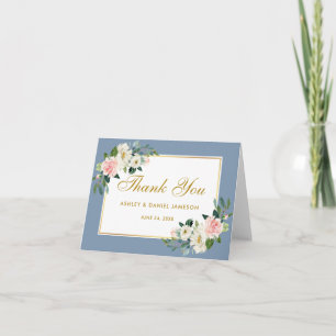 Tarjeta De Agradecimiento Boda azul turbio dorado color de agua rosa floral