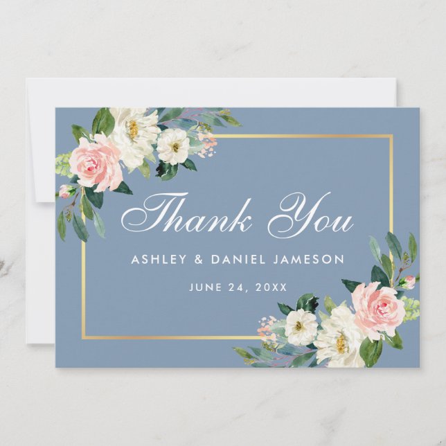 Tarjeta De Agradecimiento Boda azul turbio y floral rosado de Rubor (Anverso)