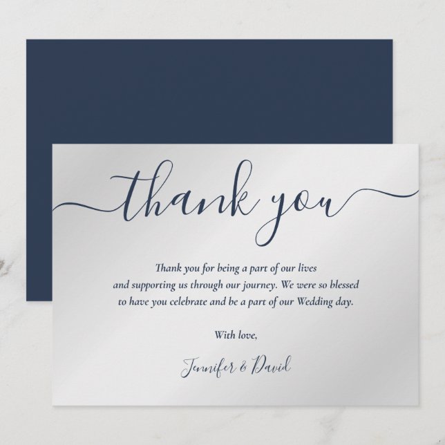Tarjeta De Agradecimiento Boda azul y plateado de la Marina (Anverso / Reverso)