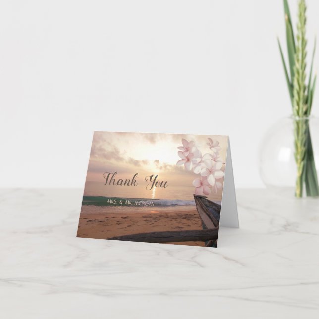 Tarjeta De Agradecimiento Boda Beach Sunset Plumeria (Anverso)