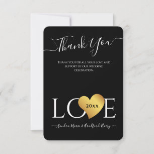 Tarjeta De Agradecimiento Boda Black Gold Heart Script Name Mr. y Mrs. 