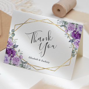 Tarjeta De Agradecimiento Boda Blanca Marco Dorado Floral Púrpura