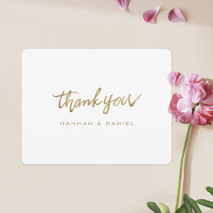 Tarjeta De Agradecimiento Boda blanco de guion dorado elegante y sencillo