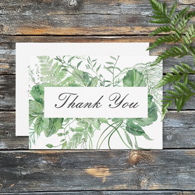 Tarjeta De Agradecimiento Boda blanco del follaje verde feroz ruso (Rustic Fern Green Foliage White Wedding Thank You Card)