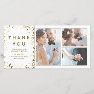 Tarjeta De Agradecimiento Boda Blanco Elegante De Confetti De Oro Gracias