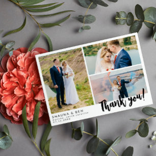Tarjeta De Agradecimiento Boda Blanco Moderno 3 Collage de fotos Gracias