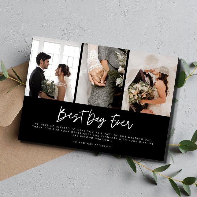 Tarjeta De Agradecimiento Boda blanco negro moderno de tres fotos gracias (Subido por el creador)