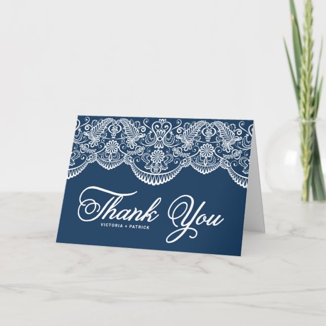 Tarjeta De Agradecimiento Boda Blue Elegant Botancade Lace (Anverso)