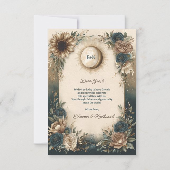 Tarjeta De Agradecimiento Boda Boho Floral Rústica Sol Luna Celestial (Anverso)