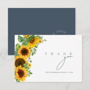 Tarjeta De Agradecimiento Boda Boho Girasol Monograma Azul Pizarra