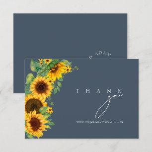 Tarjeta De Agradecimiento Boda Boho Girasol Monograma Azul Pizarra