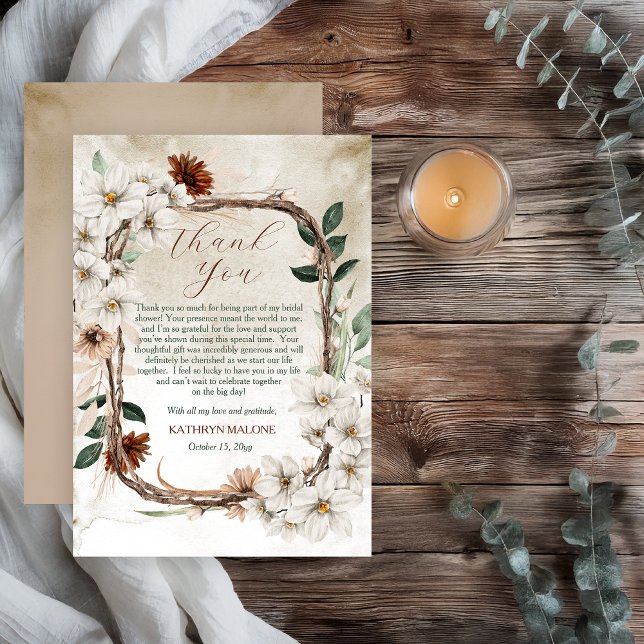 Tarjeta De Agradecimiento Boda Boho Otoño Floral Silenciada Enamorarse (Boho Muted Fall Floral and Grapevine Wreath Fall in Love Bridal Shower Collection Thank You)