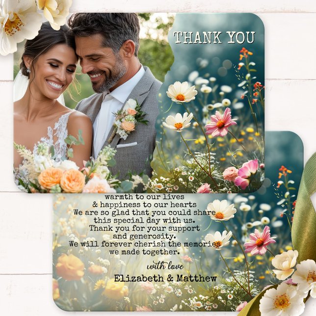 Tarjeta De Agradecimiento Boda Boho Wildflowers (Wedding Thank You card featuring your custom photo framed by a bohemian design with wildflowers.)
