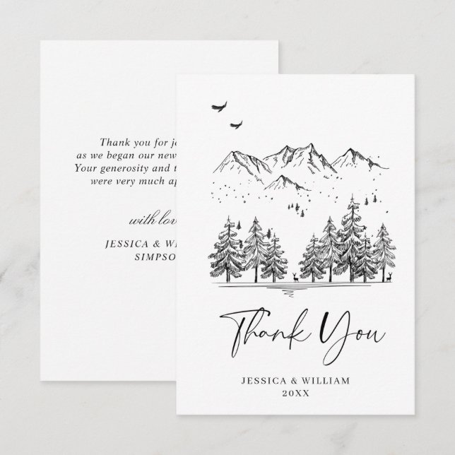 Tarjeta De Agradecimiento Boda bosque montañas dibujadas a mano (Anverso / Reverso)