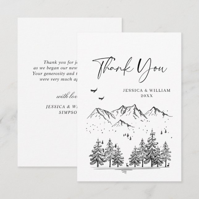Tarjeta De Agradecimiento Boda bosque montañas dibujadas a mano (Anverso / Reverso)
