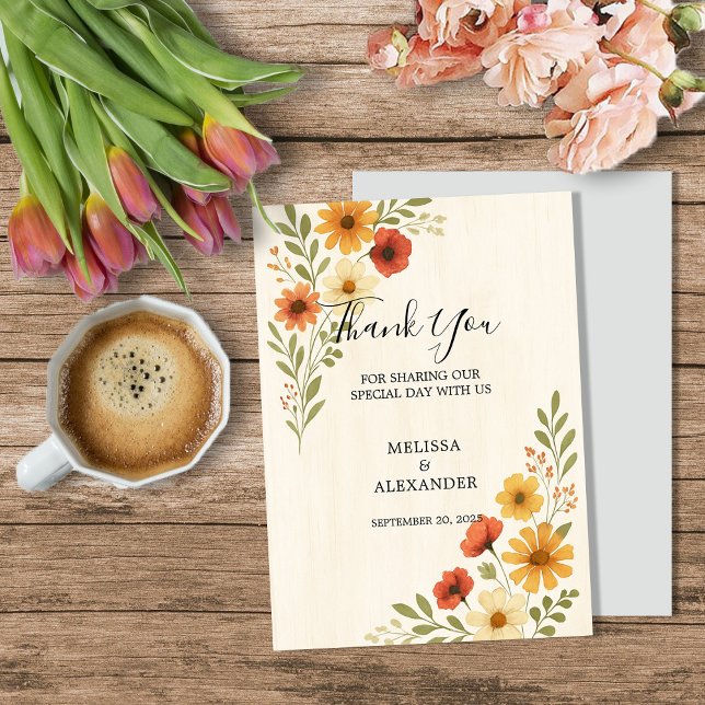 Tarjeta De Agradecimiento Boda botánico de flores acuarelas Boho (Boho watercolor flowers botanical wedding thank you card.)