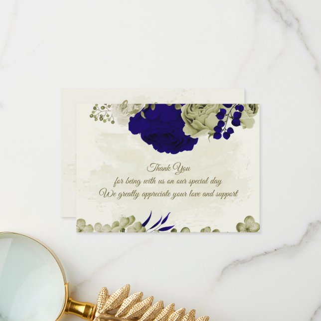 Tarjeta De Agradecimiento Boda botánico de flores beige azules reales (Anverso/Reverso In Situ)