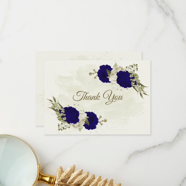 Tarjeta De Agradecimiento Boda botánico de flores beige azules reales (Anverso/Reverso In Situ)