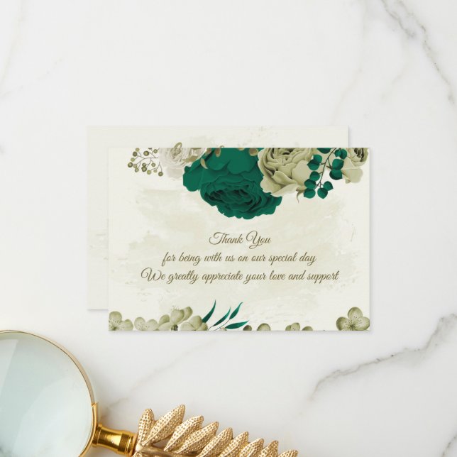 Tarjeta De Agradecimiento boda botánico de flores beige verde esmeralda (Anverso/Reverso In Situ)