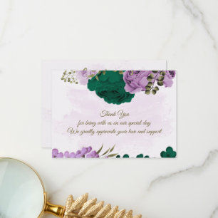 Tarjeta De Agradecimiento boda botánico de flores moradas verdes esmeraldas