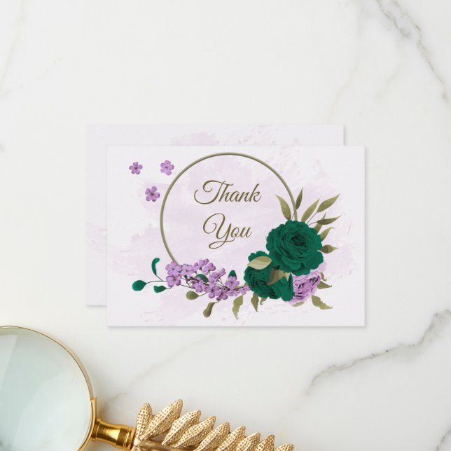 Tarjeta De Agradecimiento boda botánico de flores moradas verdes esmeraldas (Anverso/Reverso In Situ)