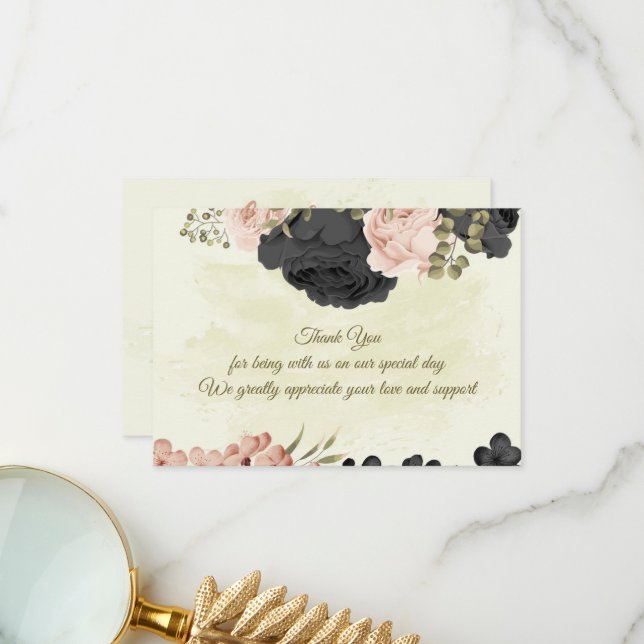 Tarjeta De Agradecimiento boda botánico de flores rosadas negras (Anverso/Reverso In Situ)