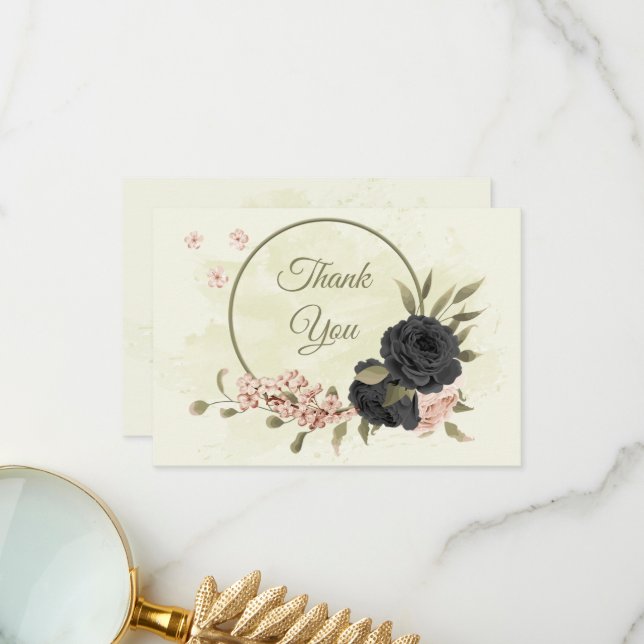 Tarjeta De Agradecimiento boda botánico de flores rosadas negras (Anverso/Reverso In Situ)