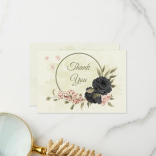 Tarjeta De Agradecimiento boda botánico de flores rosadas negras