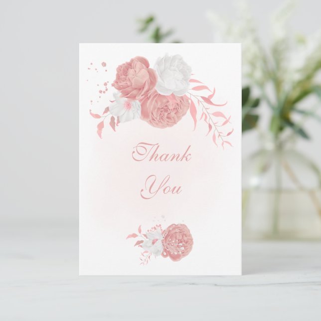 Tarjeta De Agradecimiento boda botánico de flores rosas y blancas (Anverso de pie)
