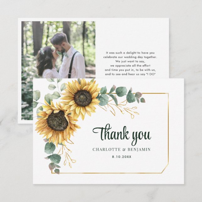 Tarjeta De Agradecimiento Boda botánico de girasol acuarela (Anverso / Reverso)