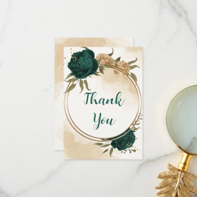 Tarjeta De Agradecimiento Boda botánico de oro beige verde esmeralda (Anverso/Reverso In Situ)