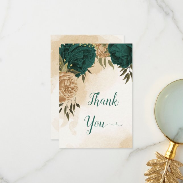 Tarjeta De Agradecimiento Boda botánico de oro beige verde esmeralda (Anverso/Reverso In Situ)