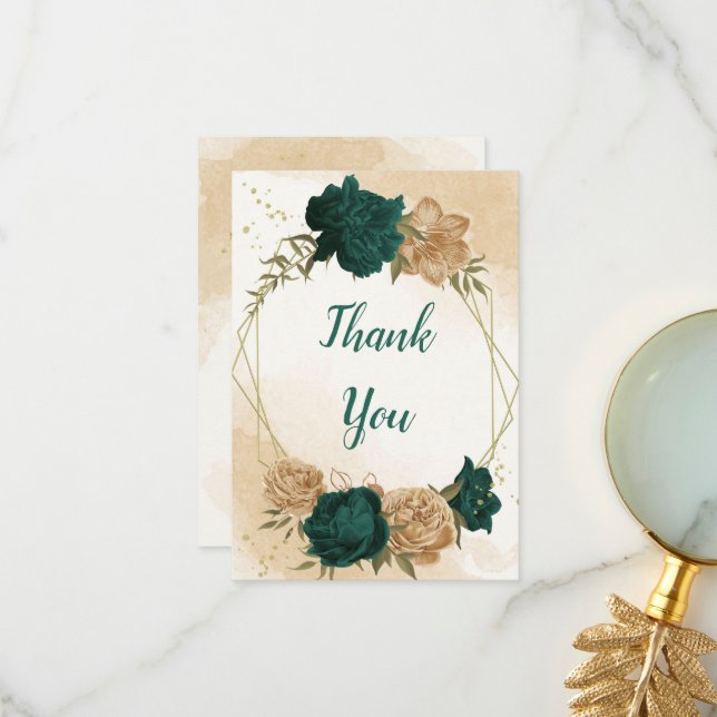 Tarjeta De Agradecimiento Boda botánico de oro beige verde esmeralda (Anverso/Reverso In Situ)