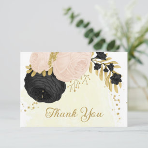 Tarjeta De Agradecimiento boda botánico de oro de flores negras y rosas