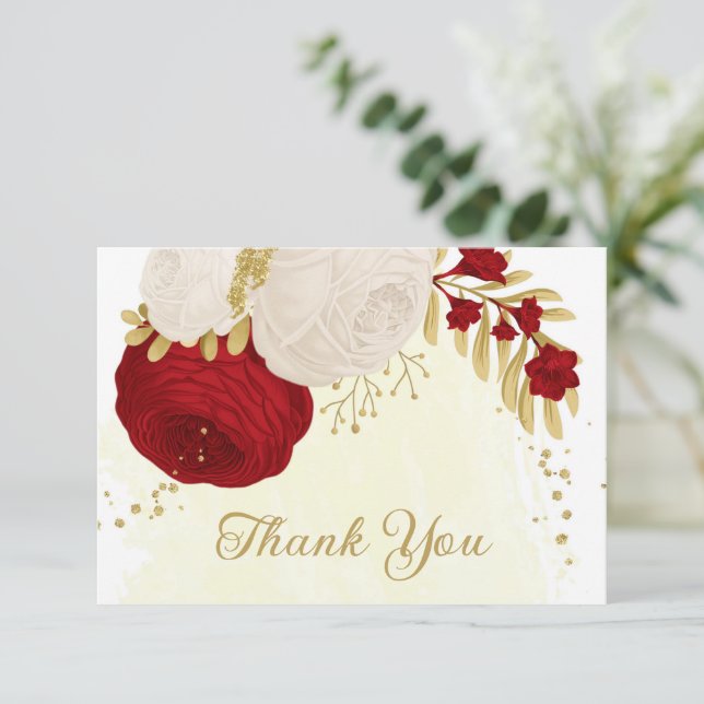 Tarjeta De Agradecimiento boda botánico de oro de flores rojas y blancas (Anverso de pie)