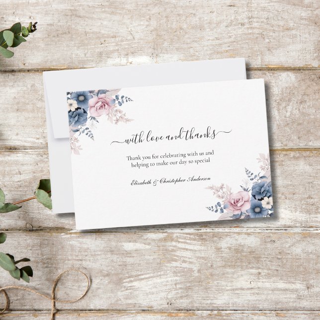 Tarjeta De Agradecimiento Boda Botánico Dusty Blue Rubor Pink Floral (Dusty Blue Blush Pink Floral Botanical Watercolor Elegant Wedding Thank you cards)
