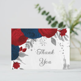 Tarjeta De Agradecimiento boda botánico plateado de flores rojas y navales o