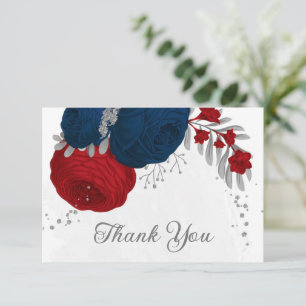 Tarjeta De Agradecimiento boda botánico plateado de flores rojas y navales o