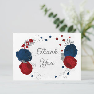 Tarjeta De Agradecimiento boda botánico plateado de flores rojas y navales o