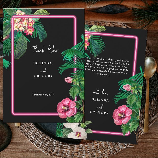Tarjeta De Agradecimiento Boda Botánico Retro Tropical Neón Rosa (Neon Pink Tropical Retro Botanicals Wedding Thank You Card)