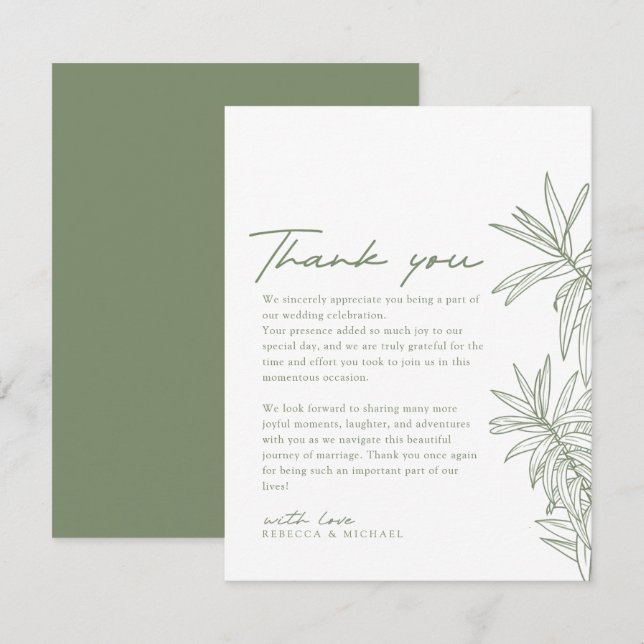 Tarjeta De Agradecimiento Boda Botánico Sage Green Simple Hand Drake (Anverso / Reverso)