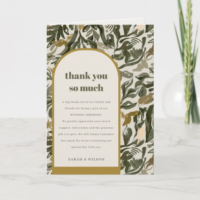 Tarjeta De Agradecimiento Boda Botánico Verde Rústico Boho Retro Arch (Anverso)