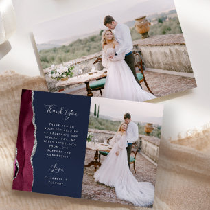Tarjeta De Agradecimiento Boda Burgundy Ágata Plata Script Azul Marino