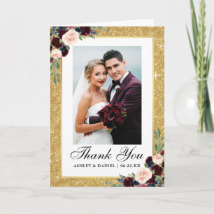 Tarjeta De Agradecimiento Boda Burgundy Blue Floral Gold Purpurina