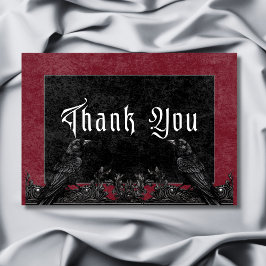 Tarjeta De Agradecimiento Boda Burgundy de Cuervo y Rosas Negro Gótico