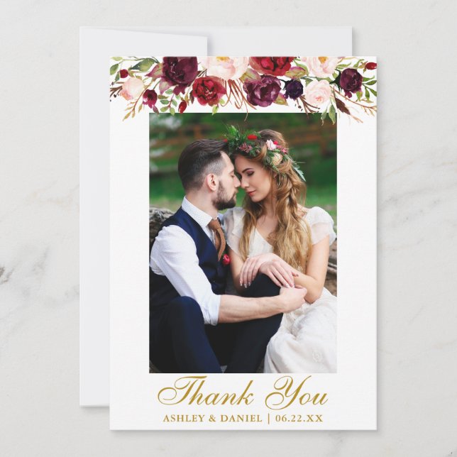 Tarjeta De Agradecimiento Boda Burgundy Floral Photo Gold (Anverso)
