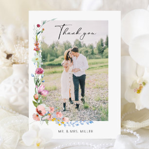 Tarjeta De Agradecimiento Boda Caligrafía Flor Silvestre Acuarela Boho