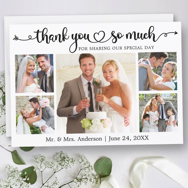 Tarjeta De Agradecimiento Boda caligrafía guión Corazón 5 Foto (Customize to change your personalized text size or text style.)