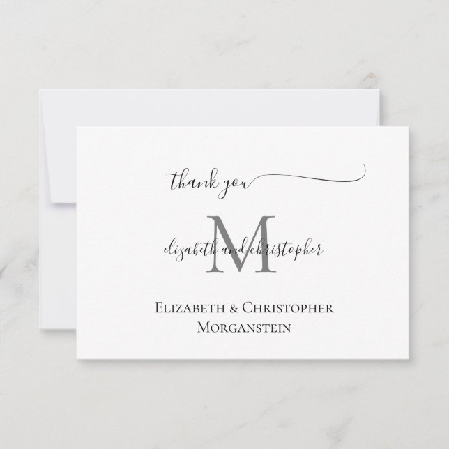 Tarjeta De Agradecimiento Boda Caligrafía Script Negra Blanca Monogramada (Anverso)