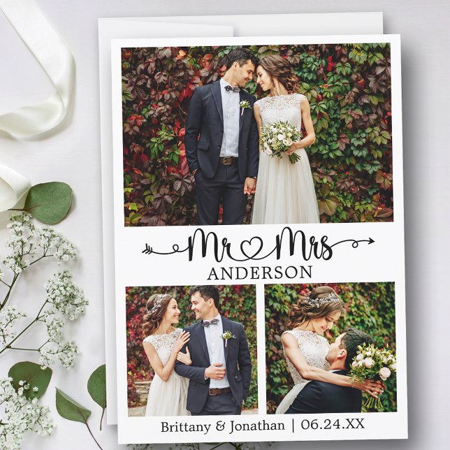 Tarjeta De Agradecimiento Boda Calligraphy Heart 3 Photo Mr. y Mrs. (Customize to change your personalized text size or text style.)